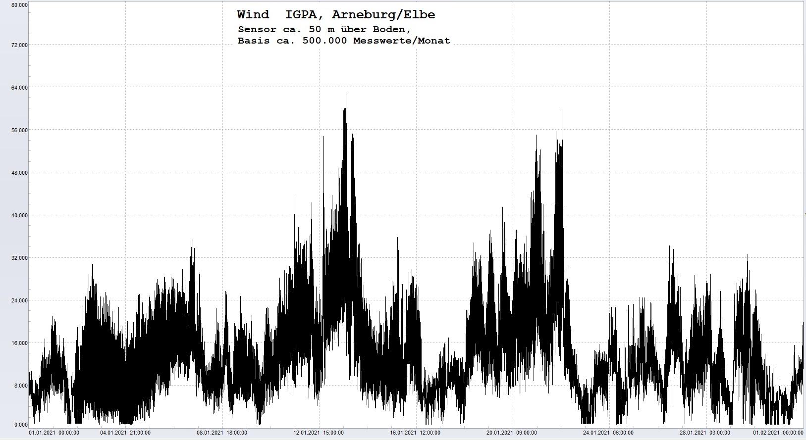 Arneburg Histogramm Winddaten Monat Januar 2021, 
  Sensor auf Gebude, ca. 50 m ber Erdboden, Basis: 5s-Aufzeichnung