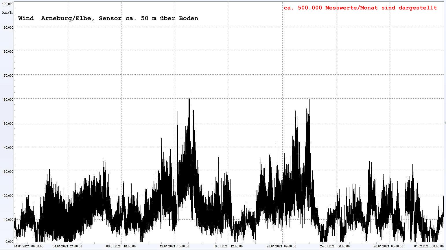 Arneburg Winddaten Monat Januar 2021, 
  Sensor auf Gebude, ca. 50 m ber Erdboden, 5s-Aufzeichnung